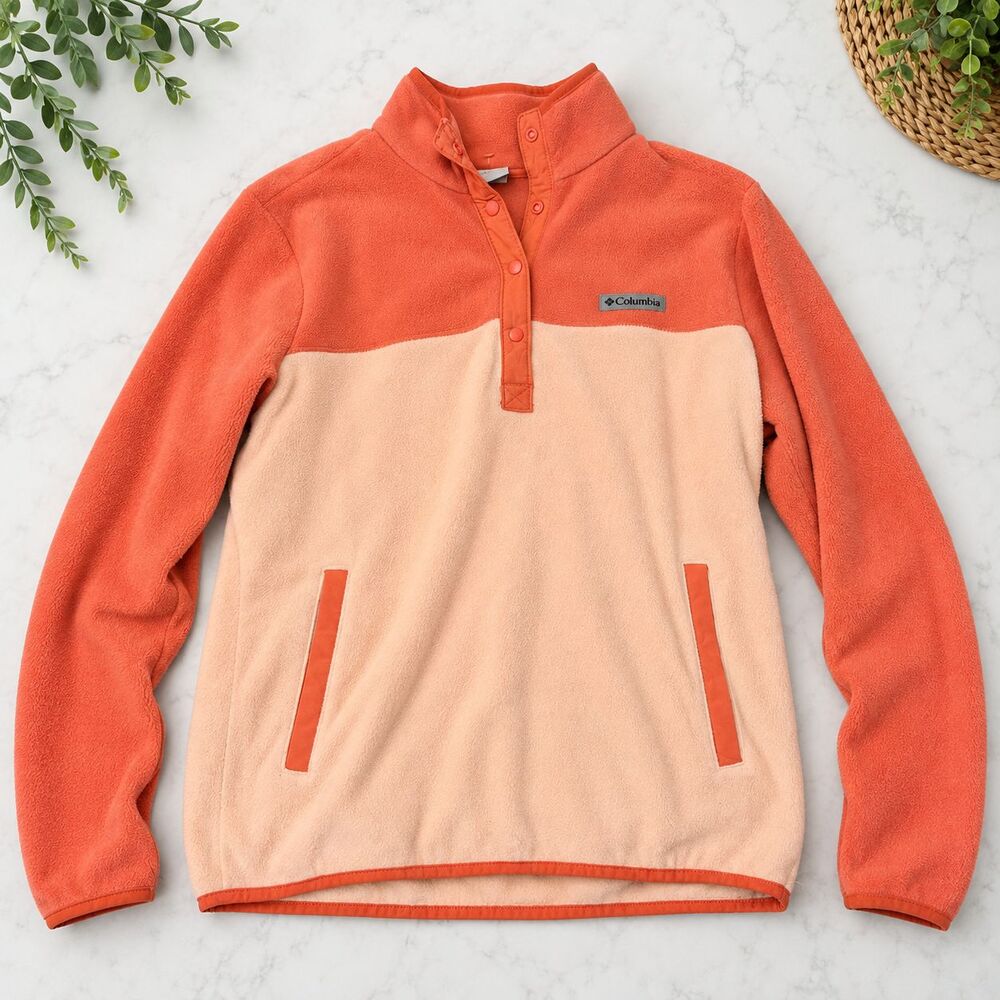 Columbia Fleece 1/4 Snap Pullover Colorblock Peach Coral Pockets Women L